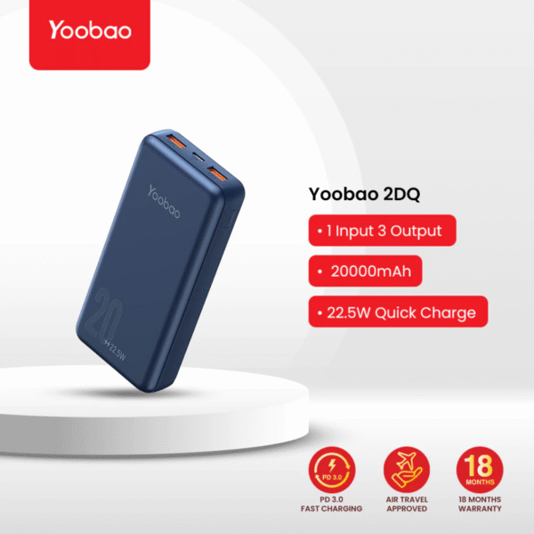Yoobao-2D.png Yoobao 2D/2DQ 20000mAh 10W/ 22.5W Support PD/SCP/FCP/QC3.0 Power Bank with Dual Output