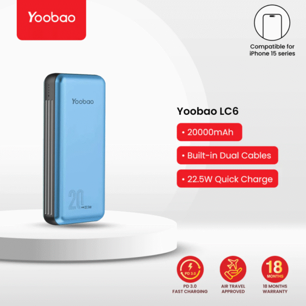 Yoobao LC6 20000mAh Fast Charging Power Bank Built in Cables (Lightning & Type C) PD3.0/QC3.0/SCP22.5W