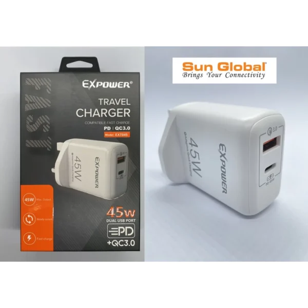 cfcc27a6506b93d39cfc2a7f54480413.webp EXPOWER TRAVEL CHARGER PD & QC 3.0 ADAPTIVE - 45W (ACC101)